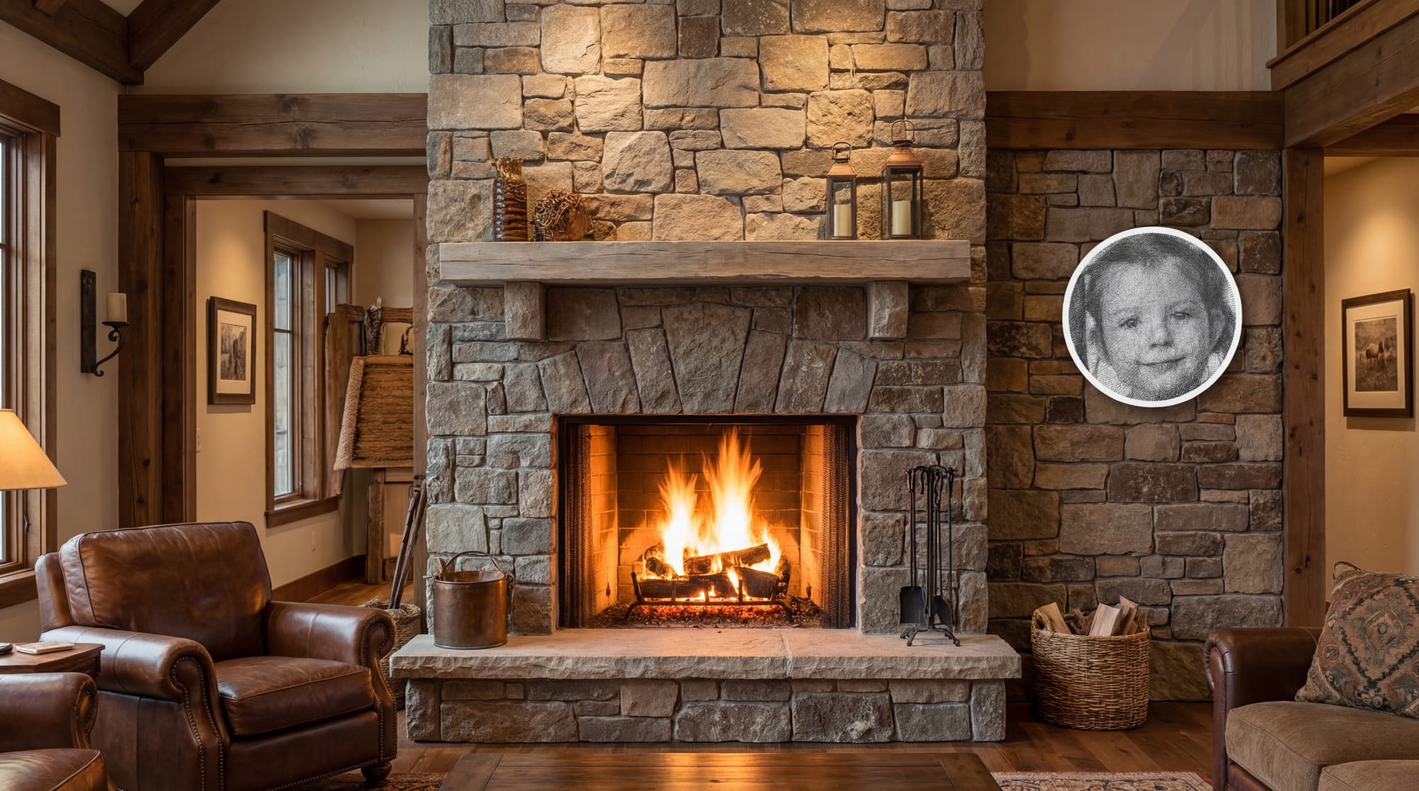 String art portrait hanging on a stone fireplace wall in a cozy living room with leather chairs, wood beams, and a lit fireplace.