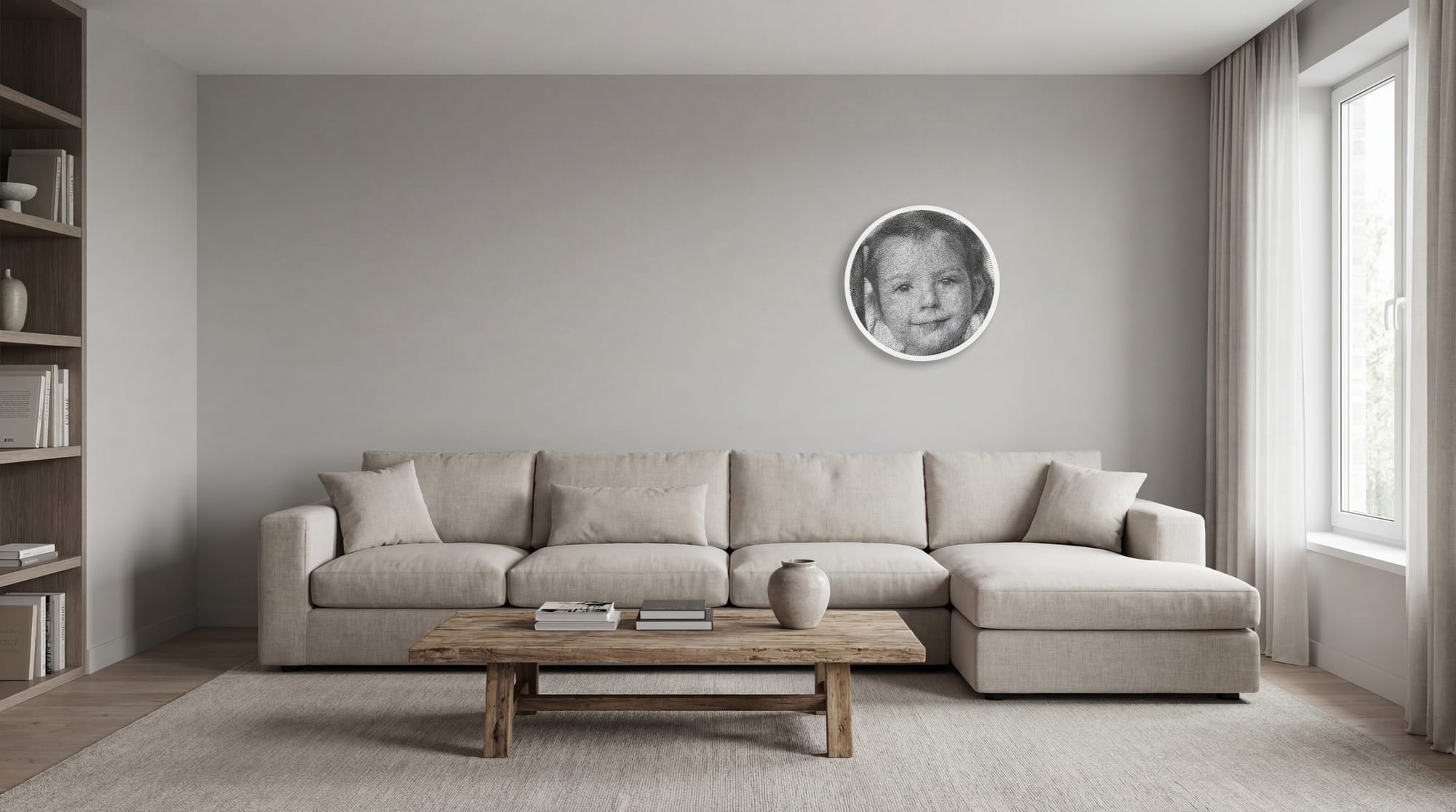 Minimalist living room with a large beige sofa and a small round string art portrait mounted on a light gray wall.
