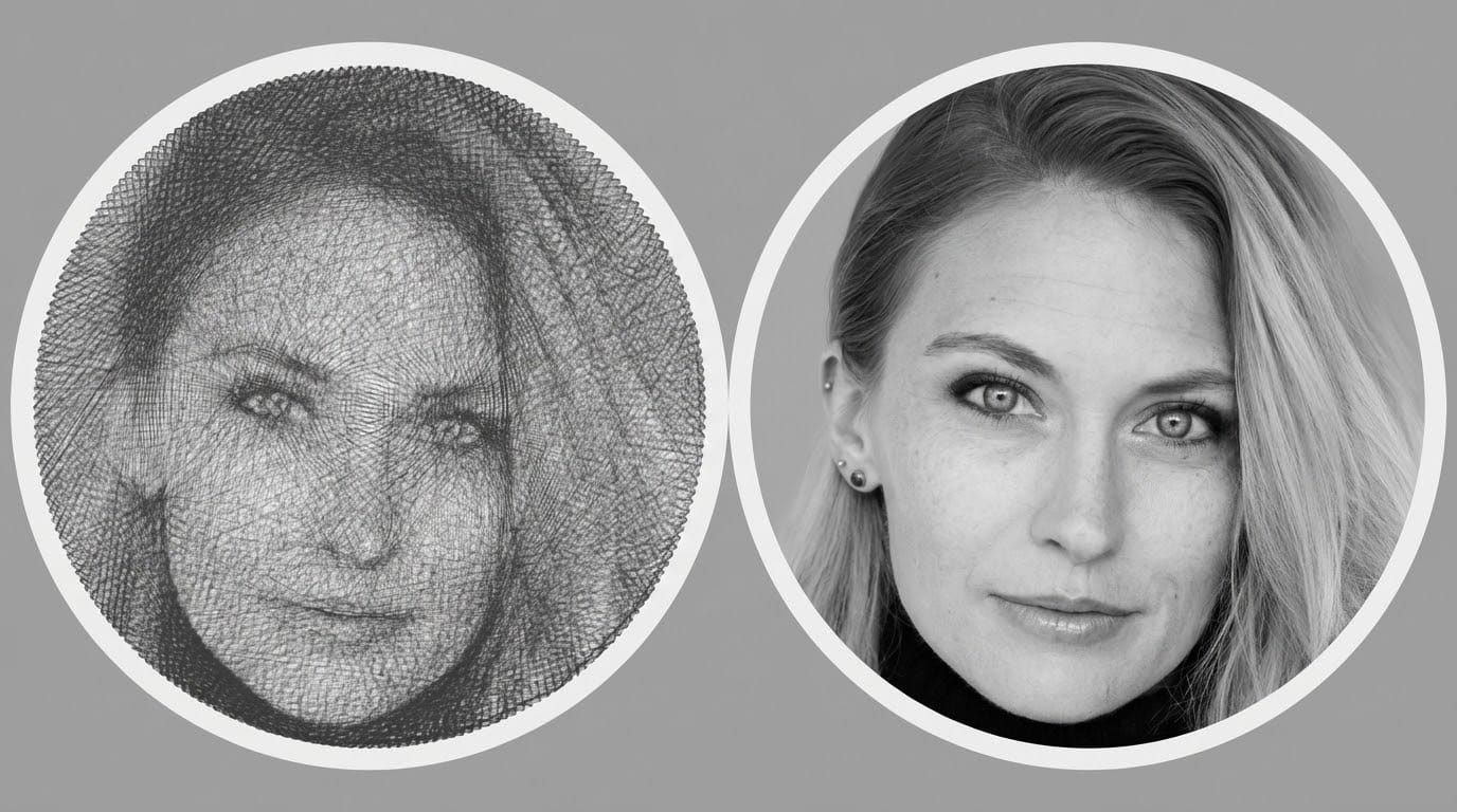 Comparison between a finished string art portrait and the original reference photo of a woman.