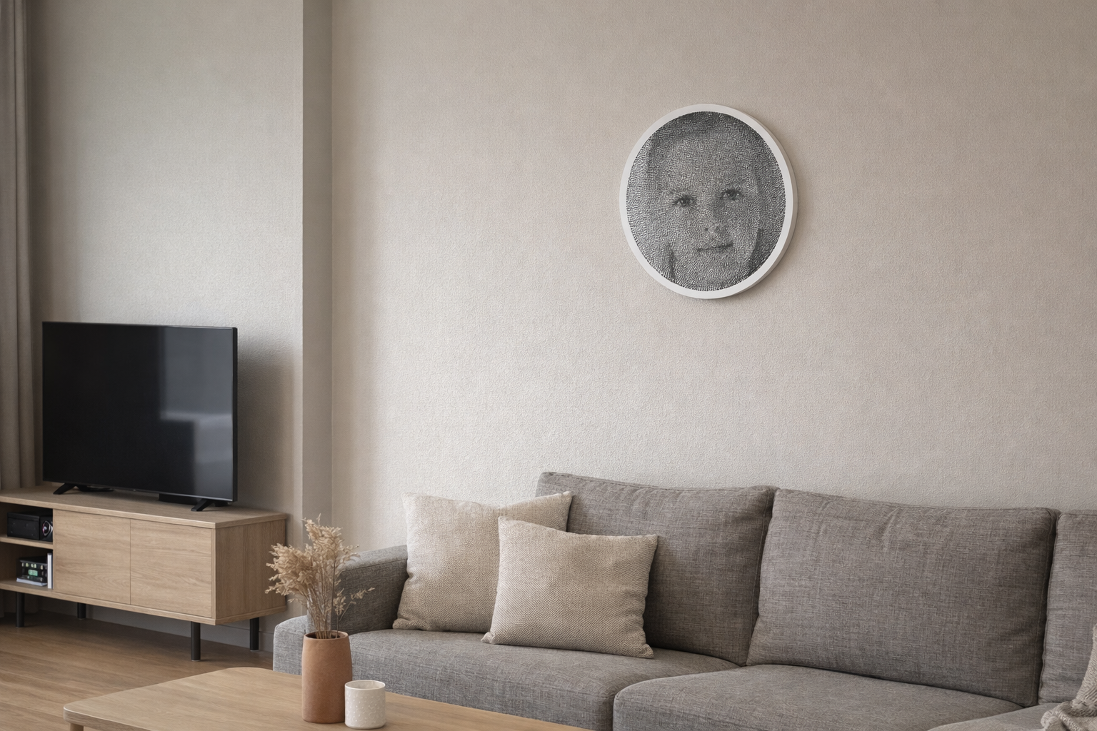 Round string art portrait of a child mounted on a neutral wall above a modern sofa.
