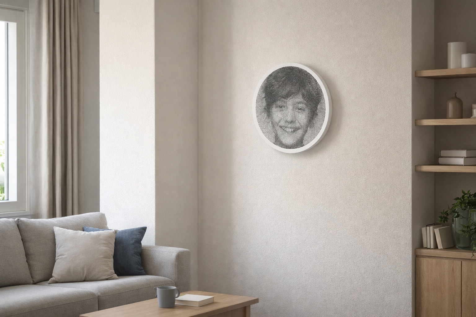 Circular black-and-white string art portrait hanging on a beige wall in a contemporary living room.