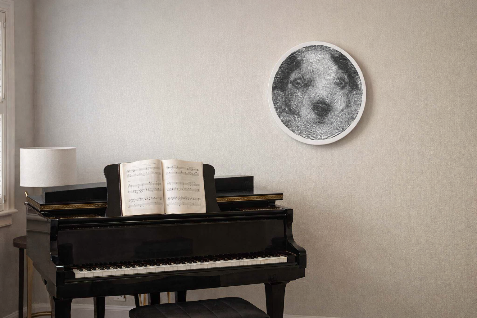 Round black string art portrait of a dog in a white frame mounted on a light wall above a black piano with open sheet music.