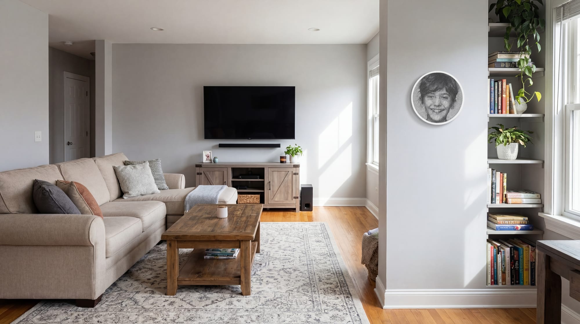 String art portrait on a light gray wall in a modern living room with sofa, wooden coffee table, bookshelf, and natural daylight.