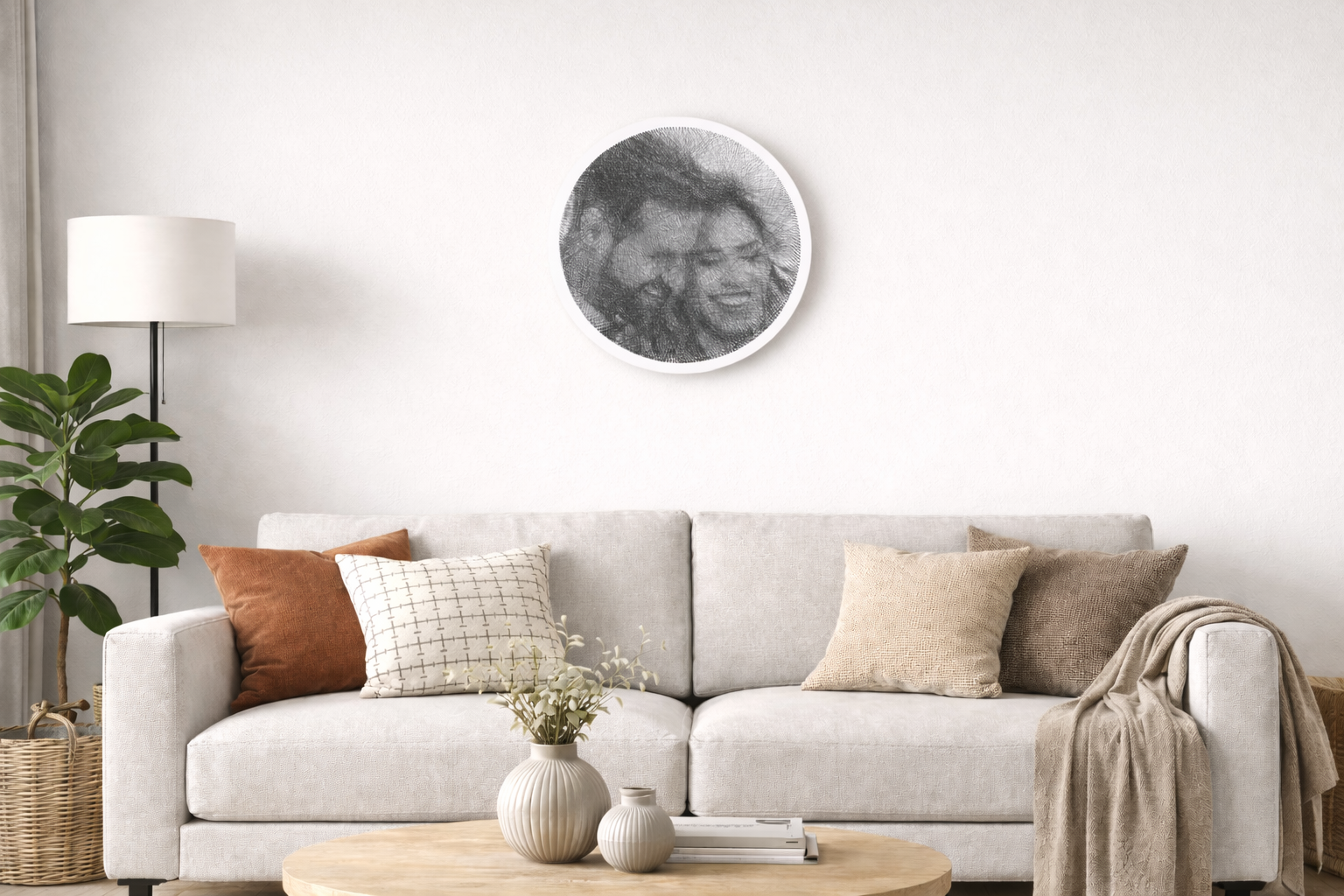 Bright minimalist living room with a light sofa, decorative pillows, a wooden coffee table, indoor plants, and a round framed string art portrait on the wall.