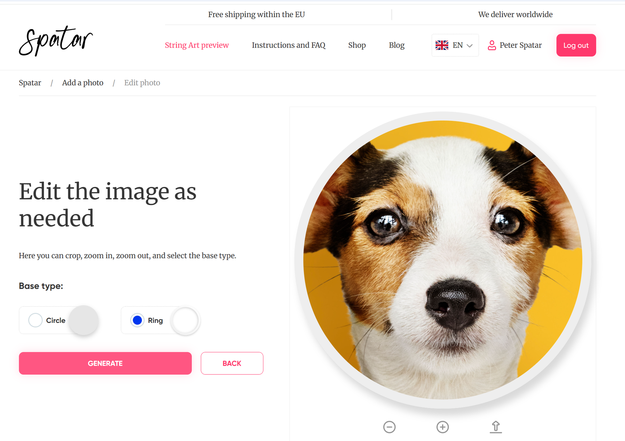 Photo editing screen with a cropped dog portrait in a circular frame, showing options to zoom and select a ring base before string art generation.
