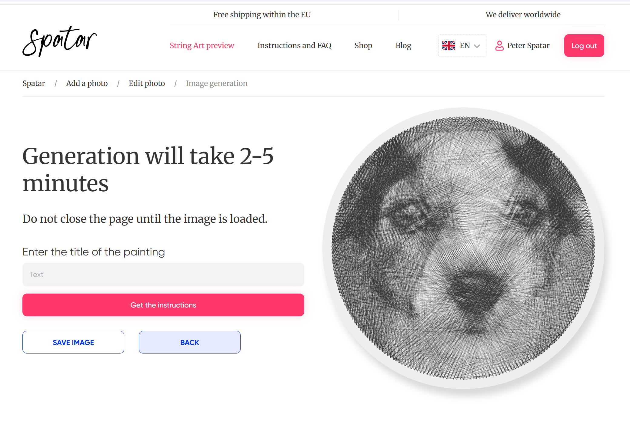 String art preview interface showing a generated circular dog portrait made of black threads, with generation progress and instruction buttons.