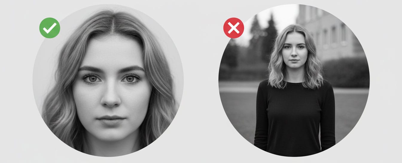 Correct and incorrect portrait photo examples for string art, showing a close front-facing face versus a distant full-body shot.