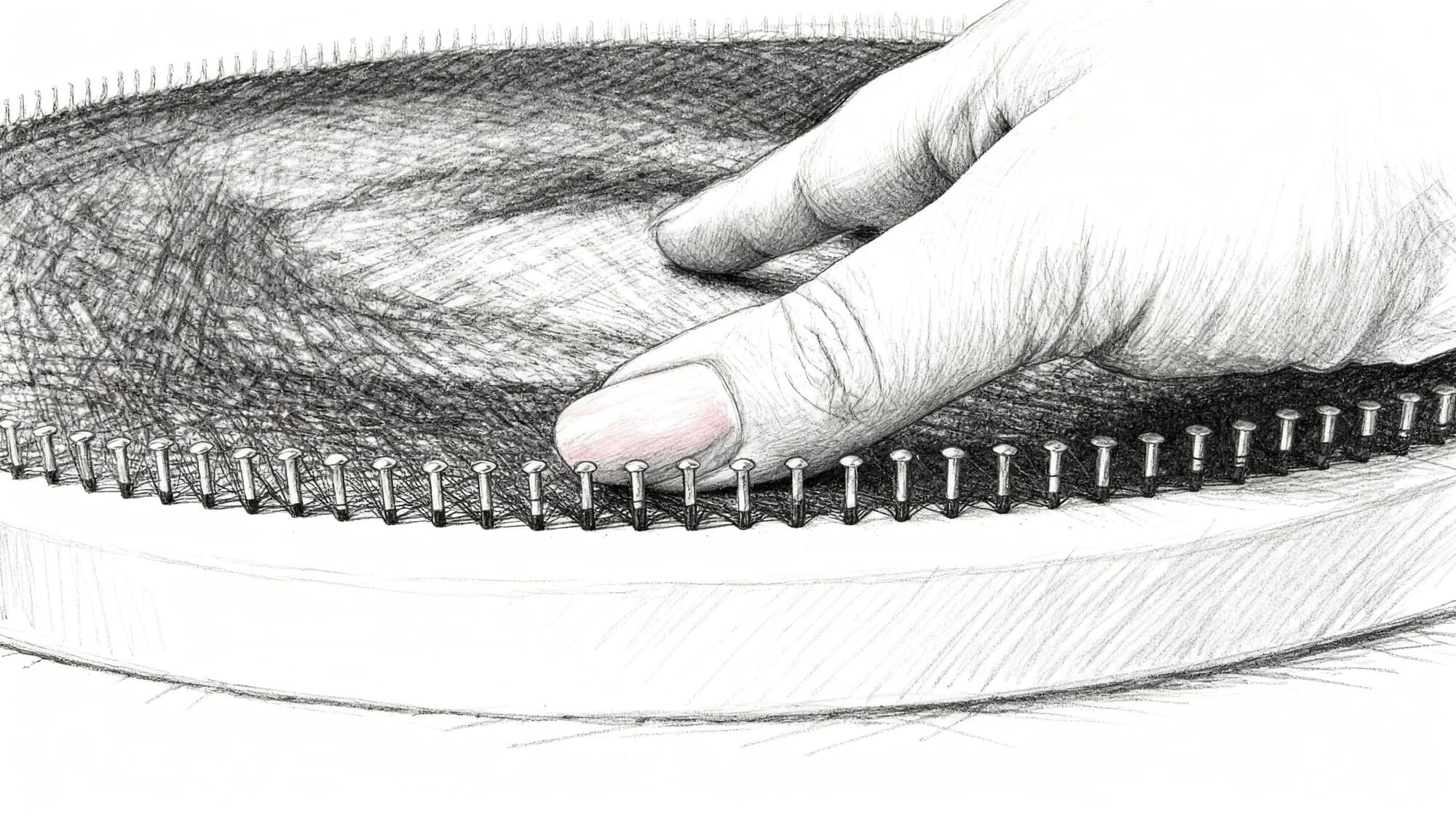 Hand pressing string against evenly spaced nails on a circular string art frame.