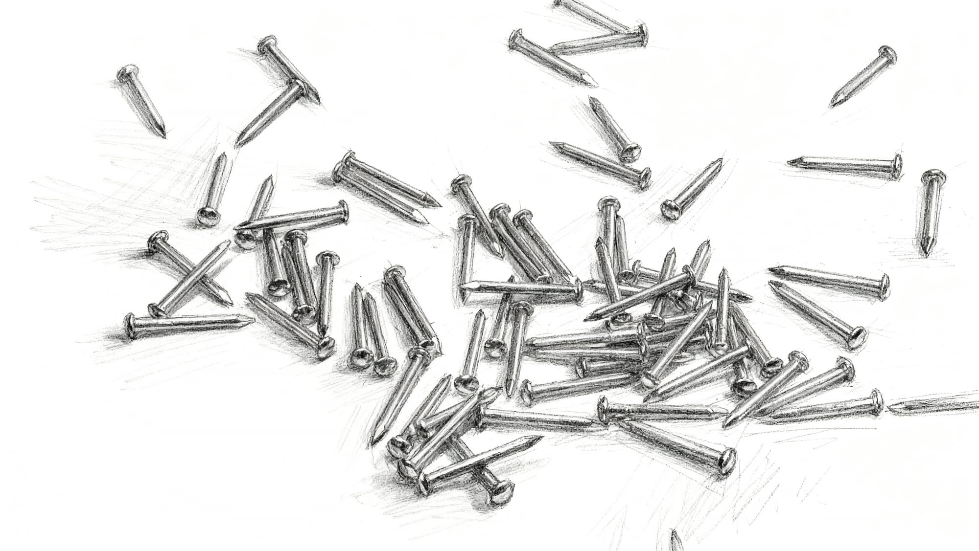Scattered metal nails used for constructing string art patterns on wood.
