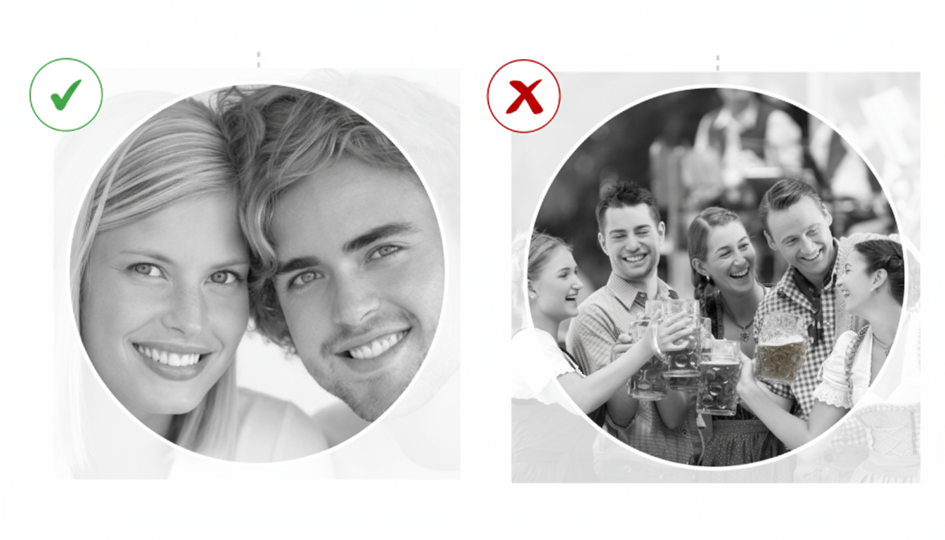 Good and bad photo examples for string art, comparing a close couple portrait with a crowded group photo.