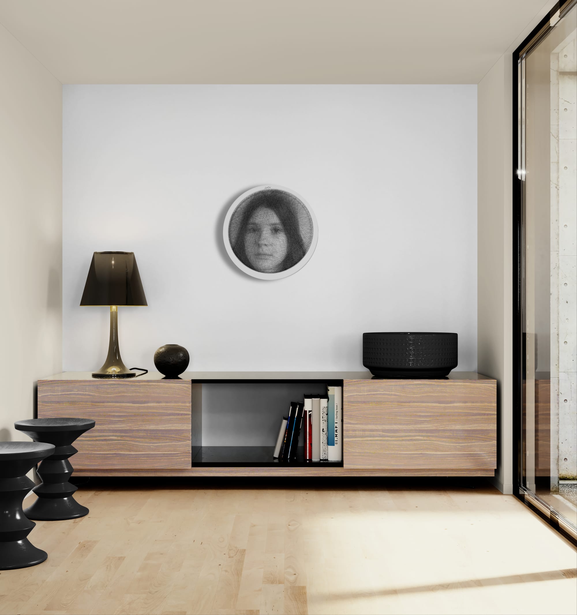 Modern living room with a wooden cabinet, sculptural stools, and a round string art portrait centered on a white wall.