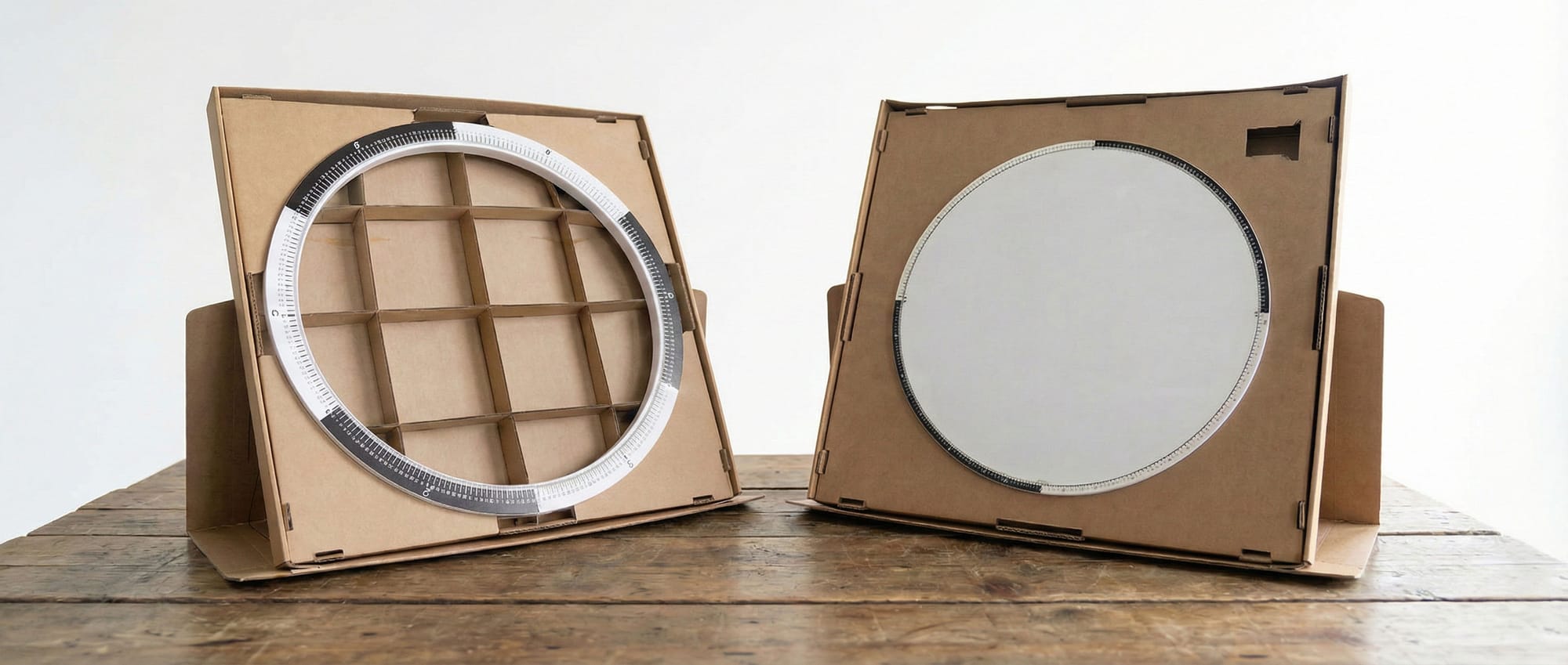 Two string art DIY kit bases in assembly boxes, showing a closed circular base and a ring-shaped base side by side.