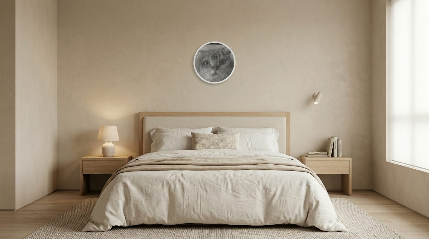 Round cat string art on a beige bedroom wall above a bed