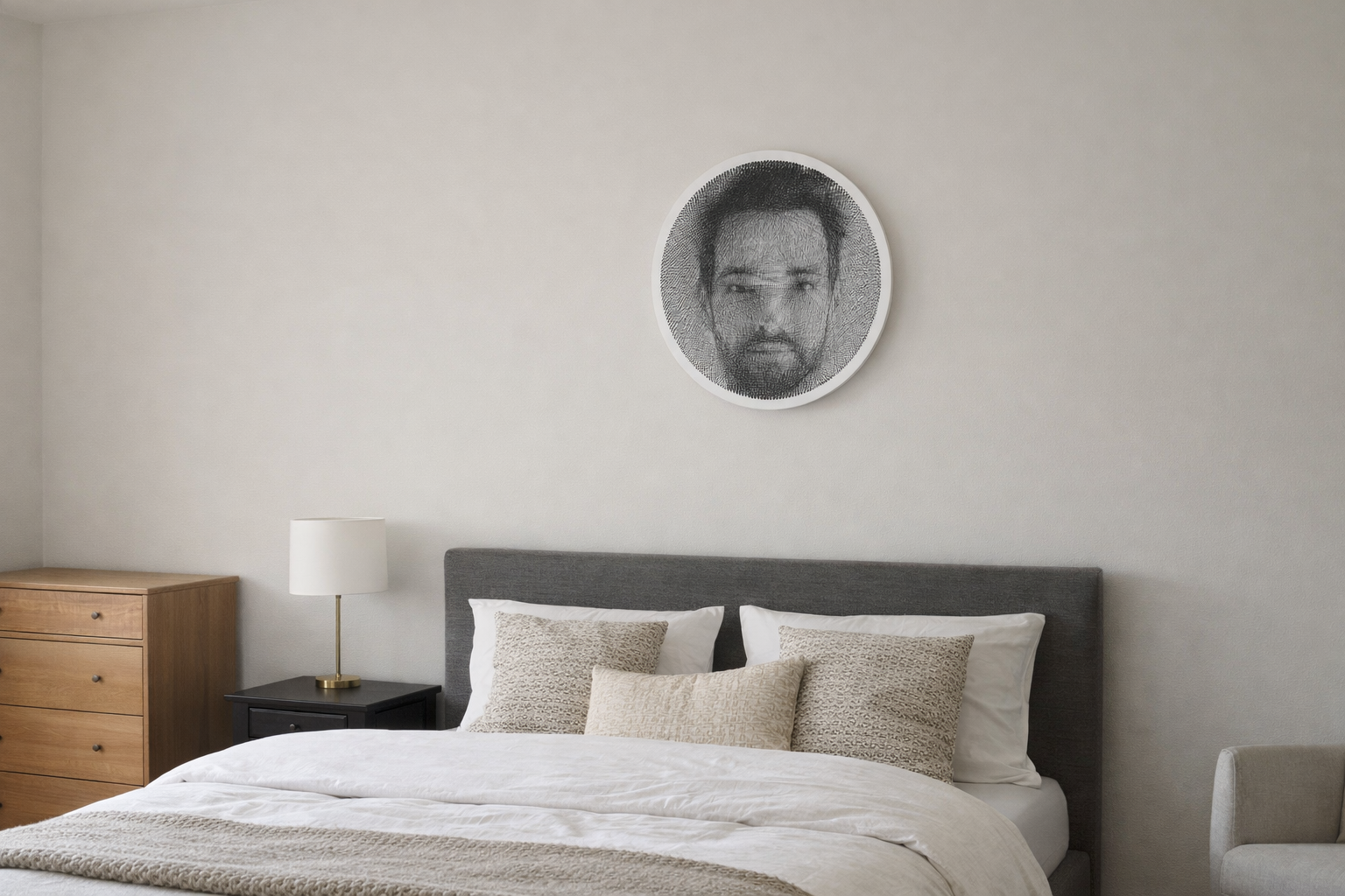 String art portrait hanging above bed in neutral bedroom setting