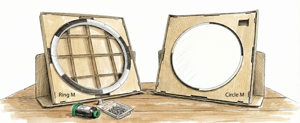 Illustration of Ring M and Circle M string art bases with nail layout
