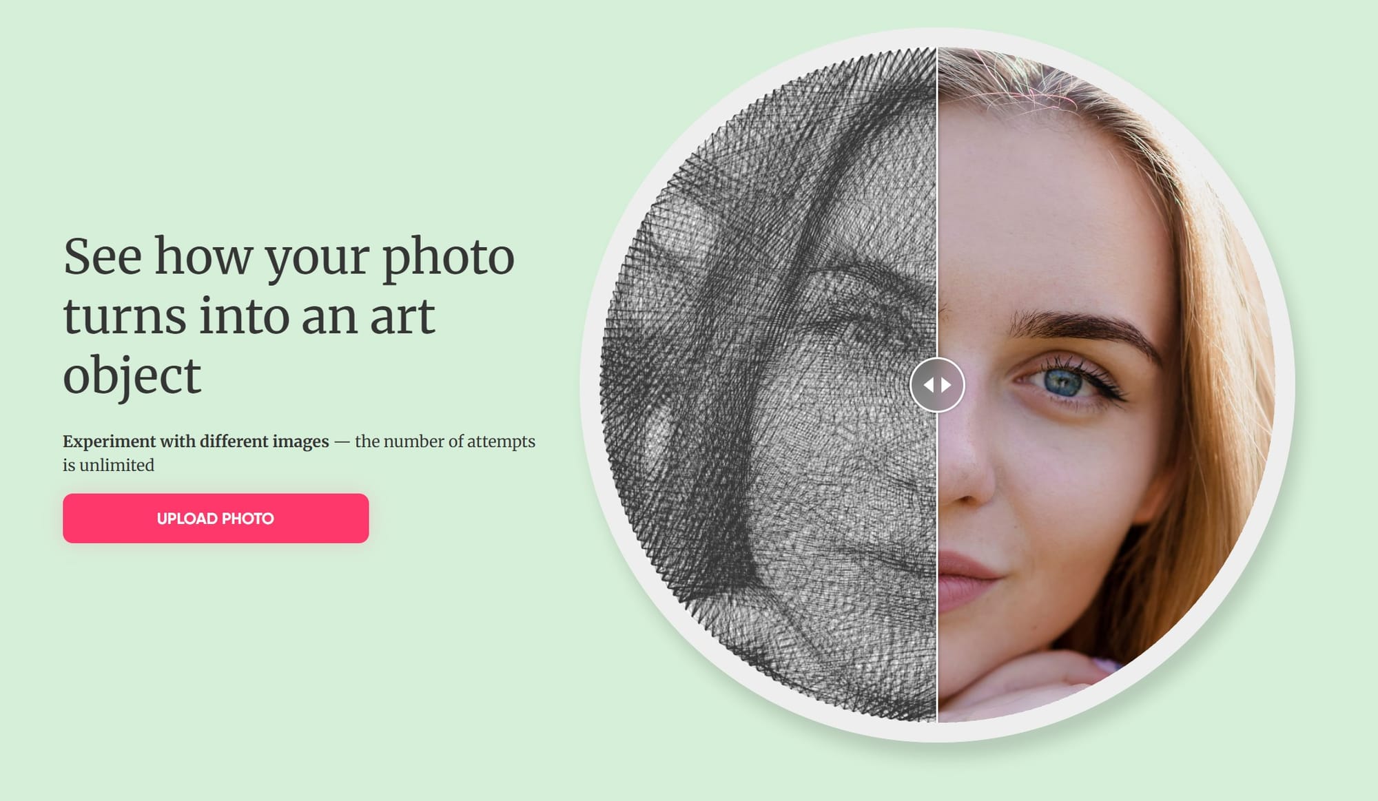 Split view showing a photo transformed into a round string art portrait preview.