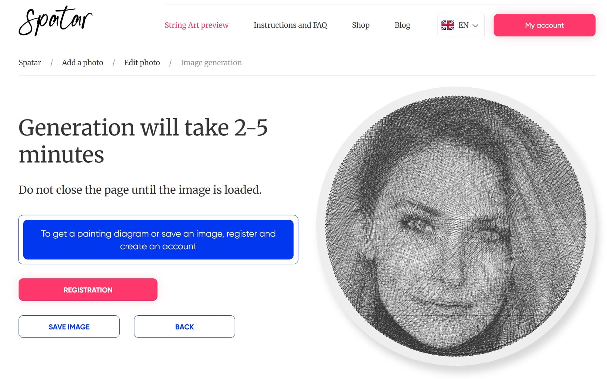 String art generator screen with portrait preview and loading message