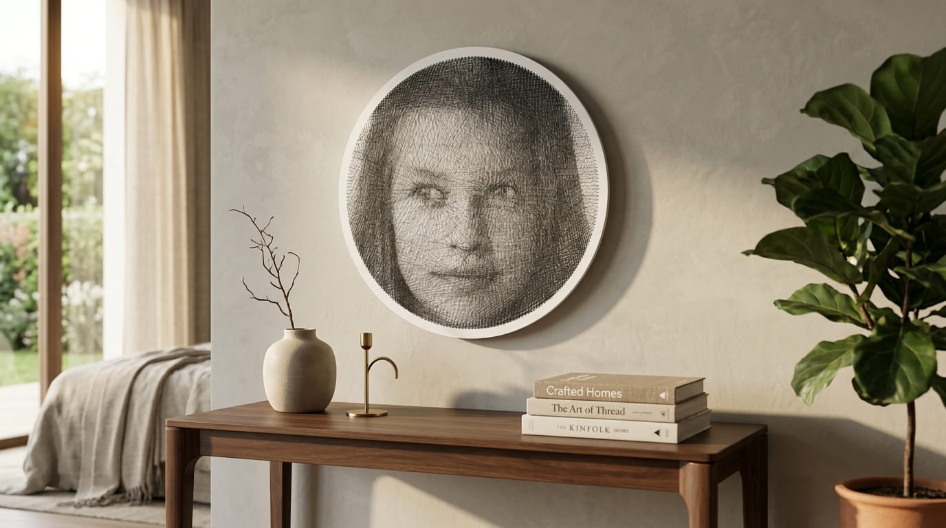 Large portrait string art in modern room