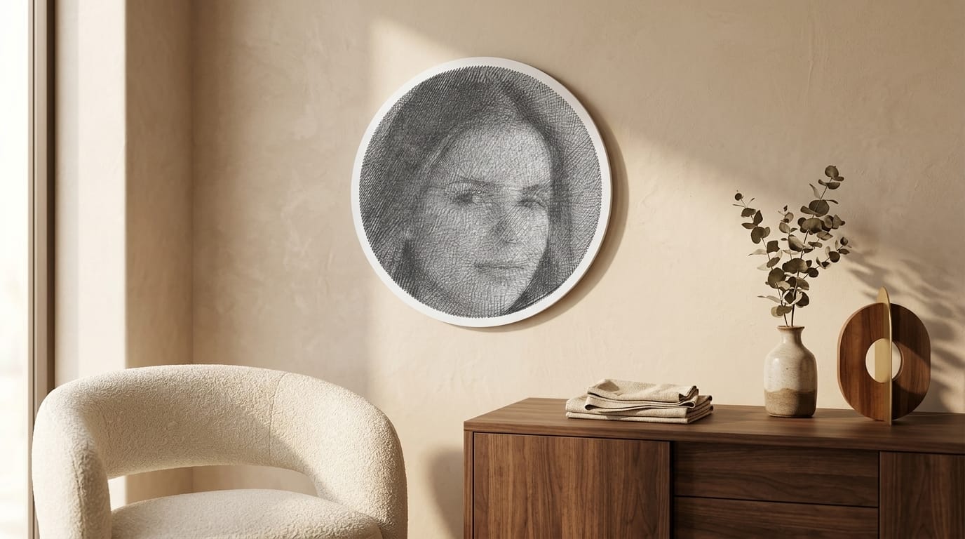 Soft portrait string art in beige interior