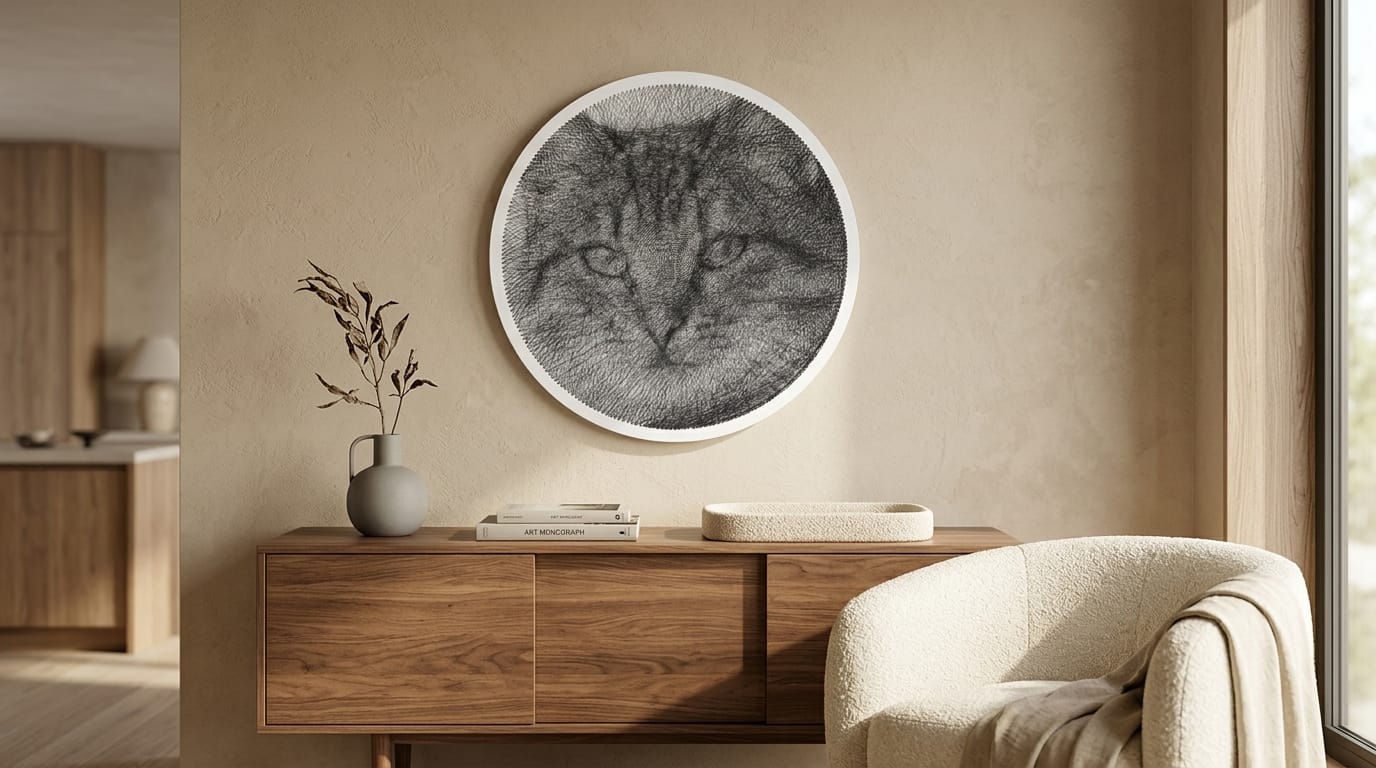 Cat string art on a neutral wall