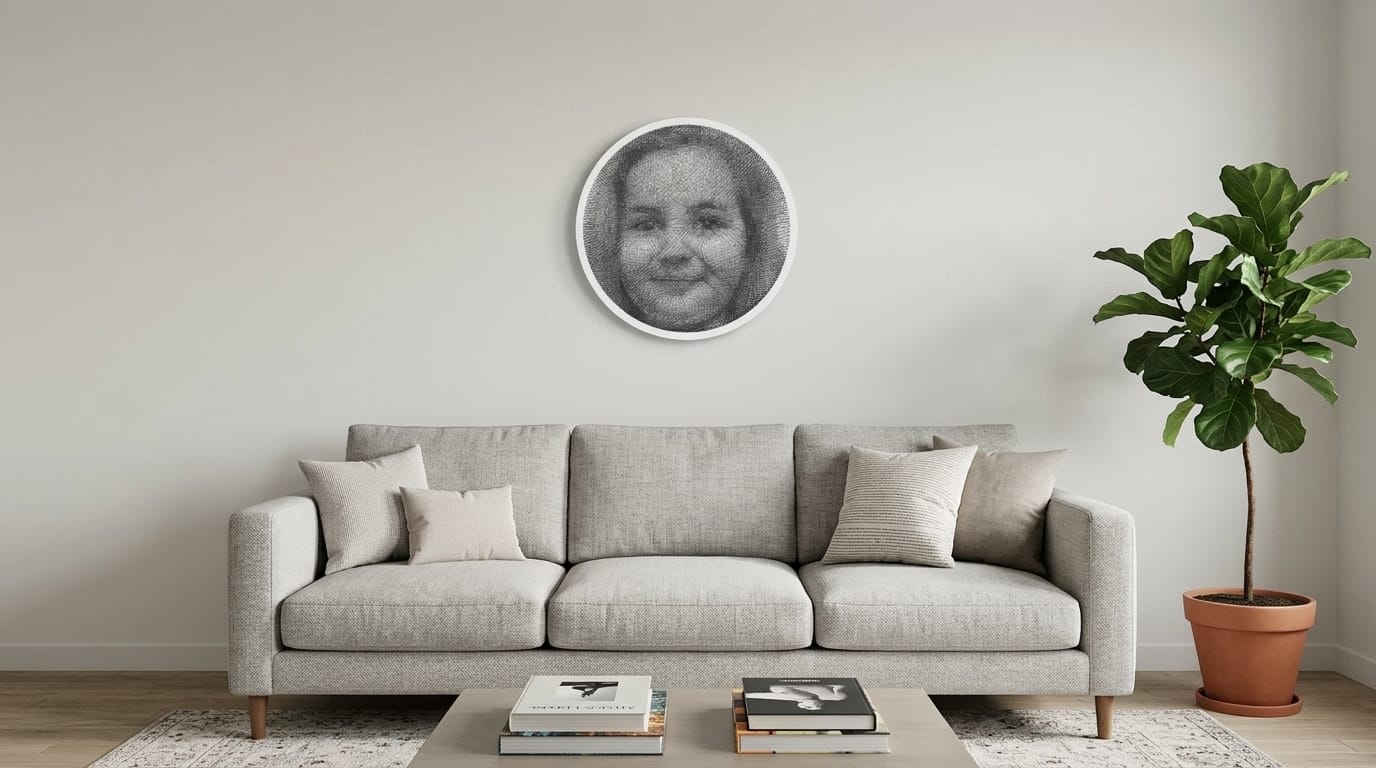 String art above sofa