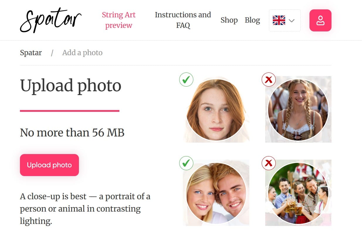 Spatar photo upload page with portrait examples.