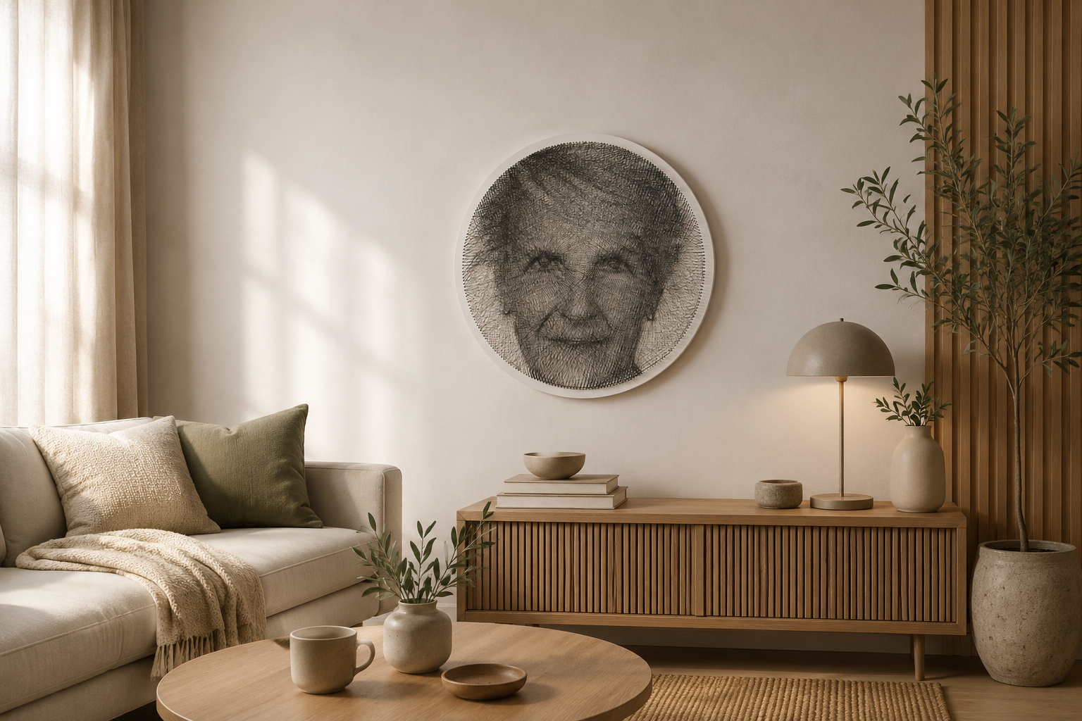 Personalized string art portrait in a Scandinavian living room