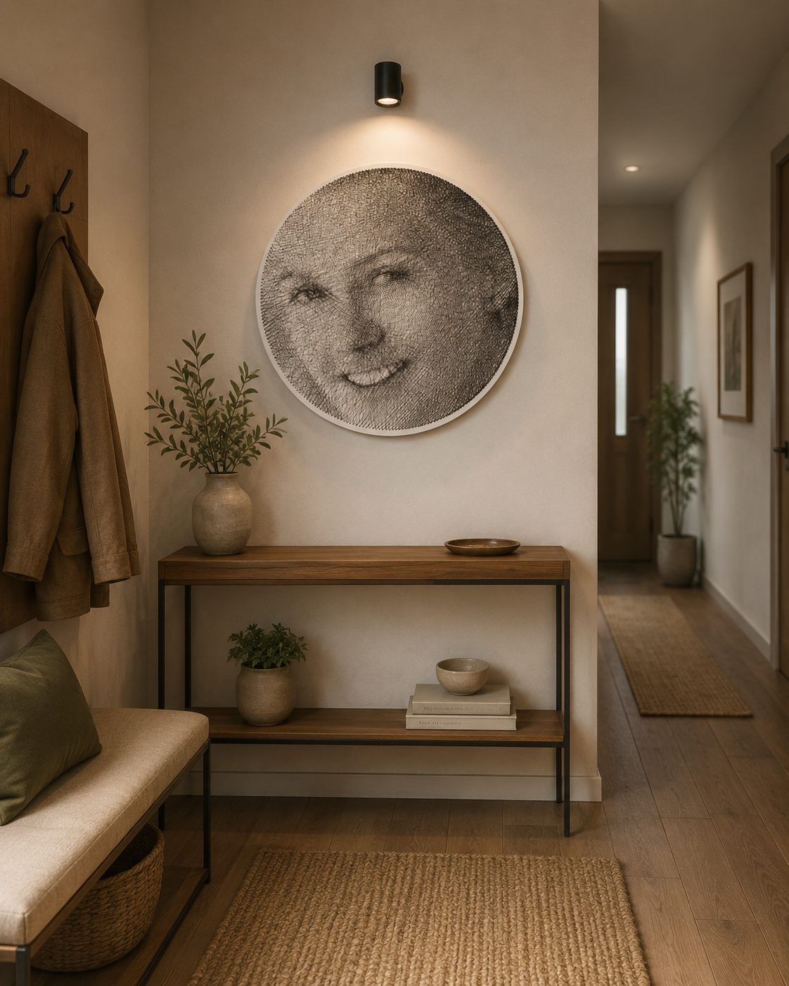 Circular string art portrait in a modern hallway