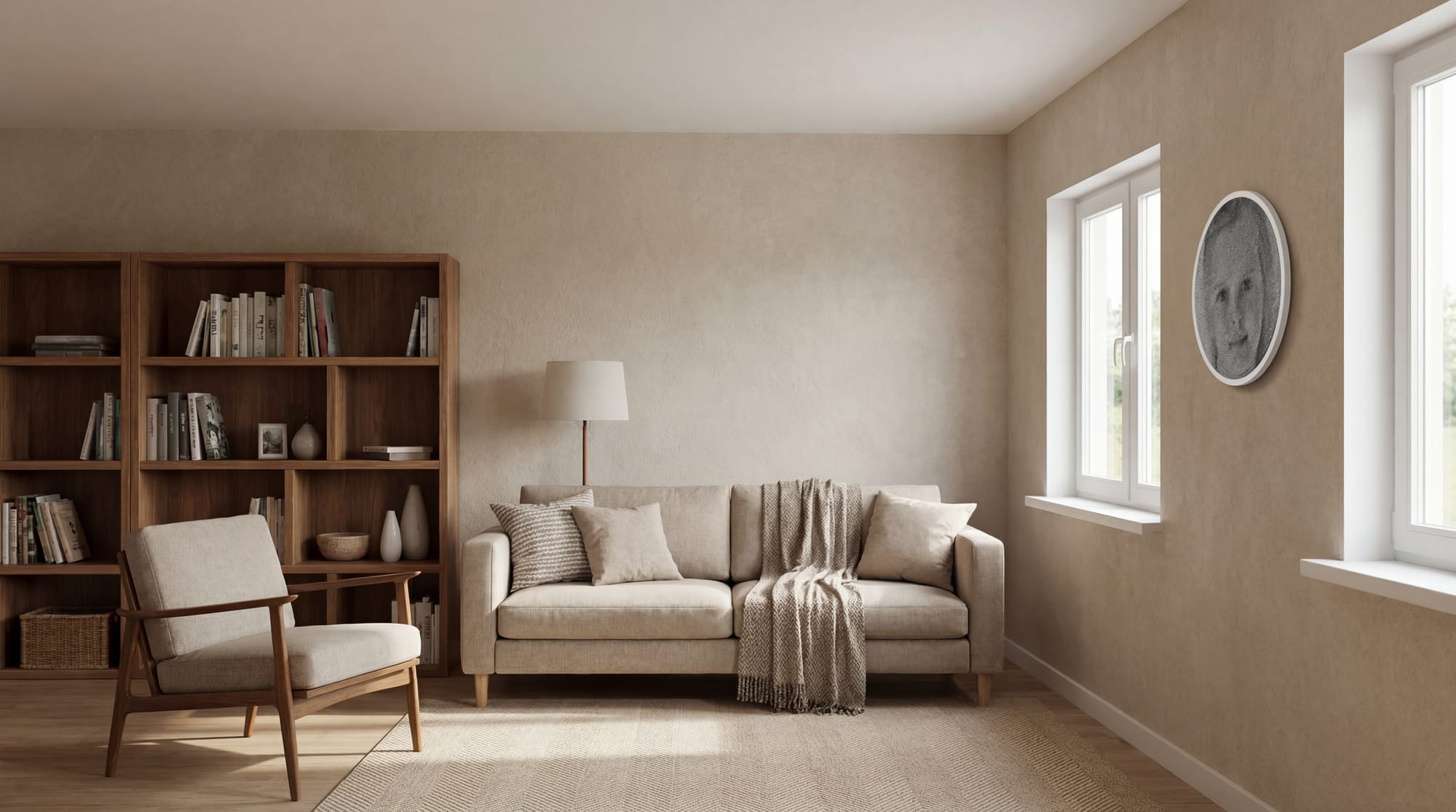 Круглий портрет у техніці стрінг-арт біля вікна в затишній вітальні з диваном, книжковою шафою та нейтральною палітрою.