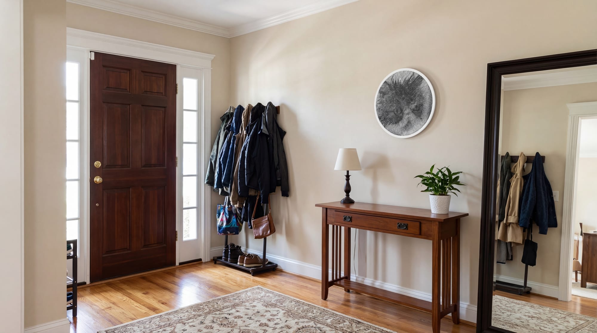 Круглий портрет у техніці стрінг-арт над дерев’яною консоллю в світлому передпокої з верхнім одягом, дзеркалом і природним освітленням.