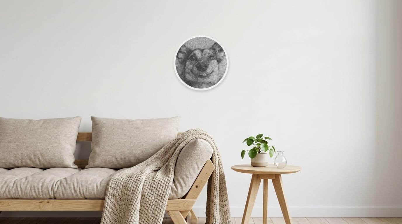 Rund string art med hund på en vit vägg ovanför en beige soffa