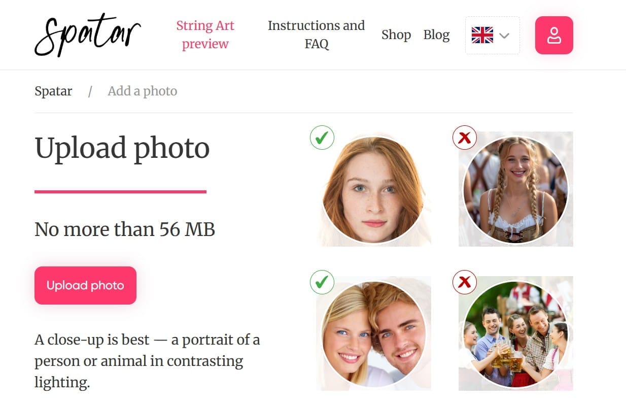 Spatar-uploadpagina voor foto's met portretvoorbeelden.