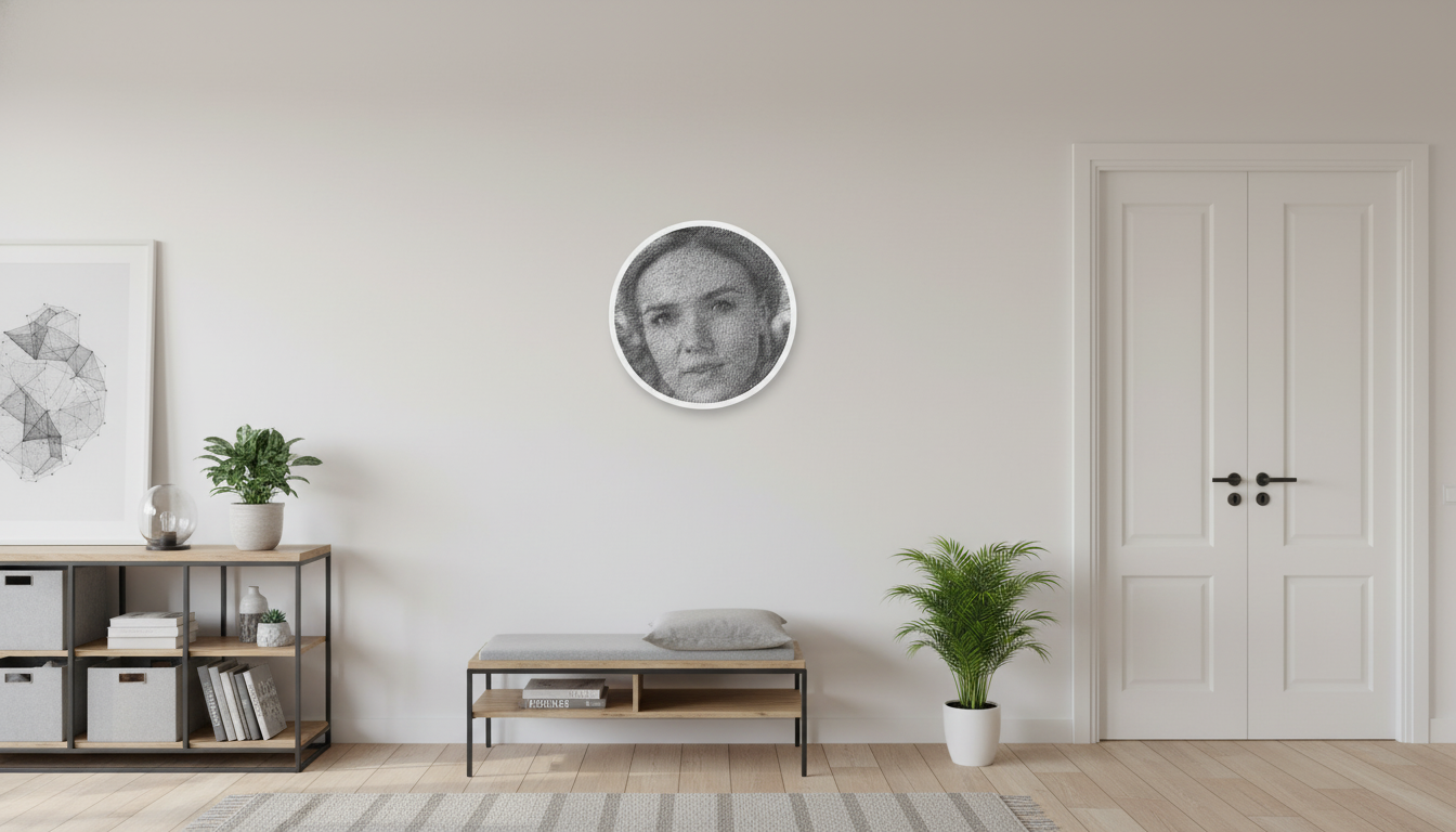 Personalisiertes kreisförmiges String-Art-Porträt in einem minimalistischen Interieur